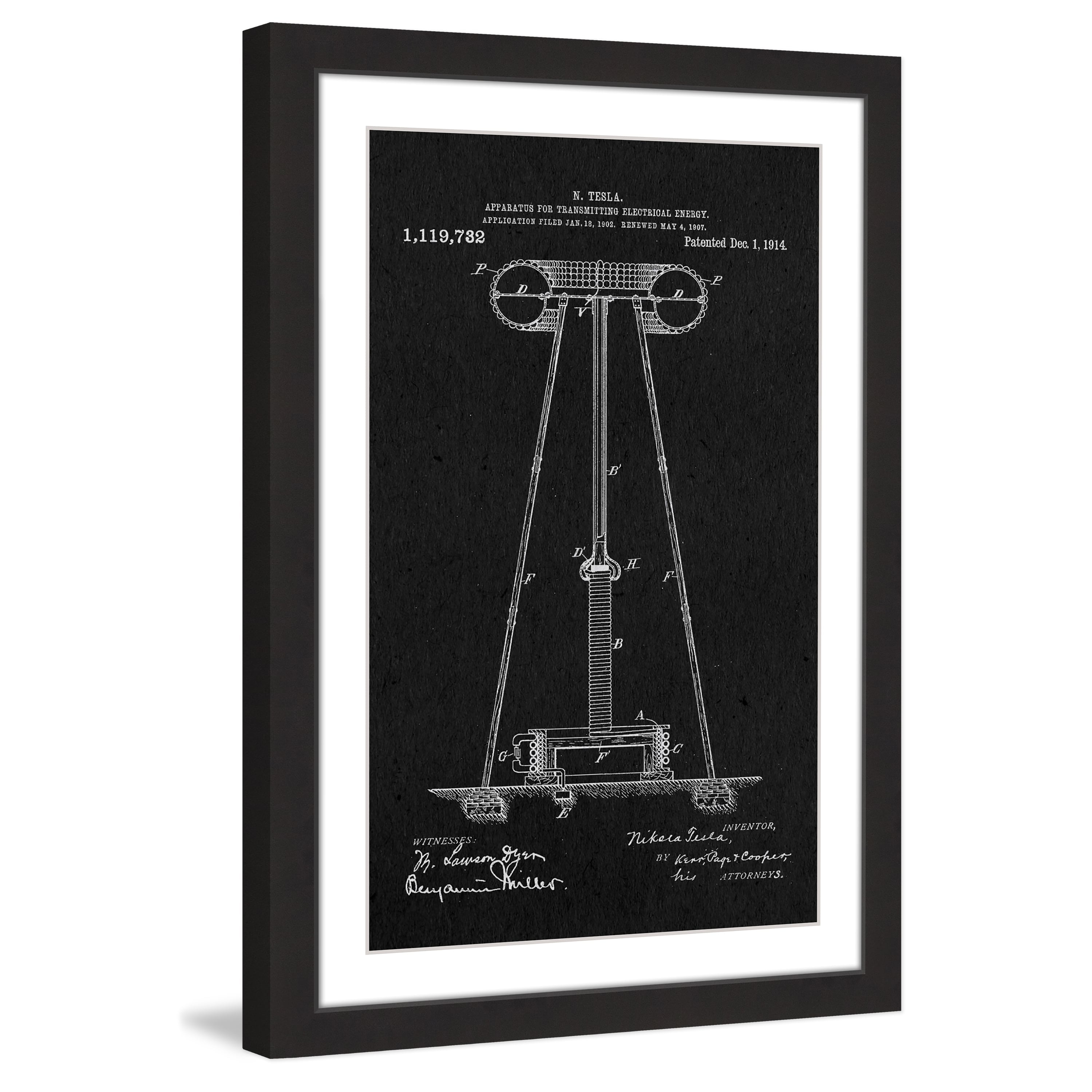 "Tesla Coil 1914 Black Paper" Framed Painting Print