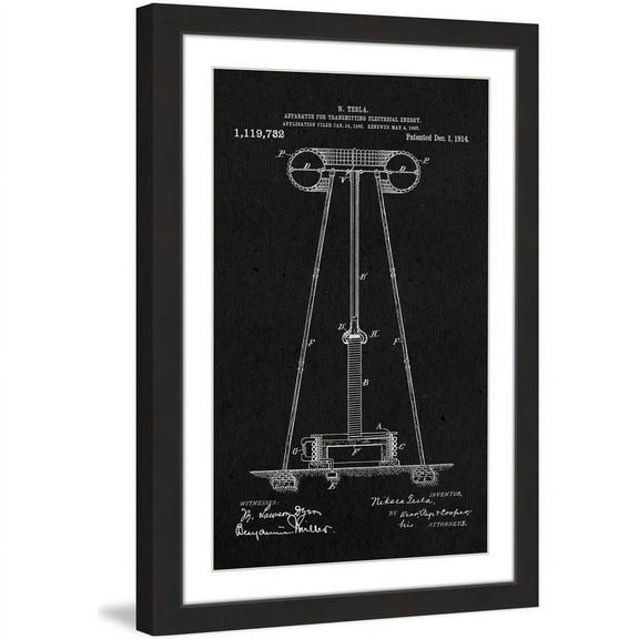"Tesla Coil 1914 Black Paper" Framed Painting Print