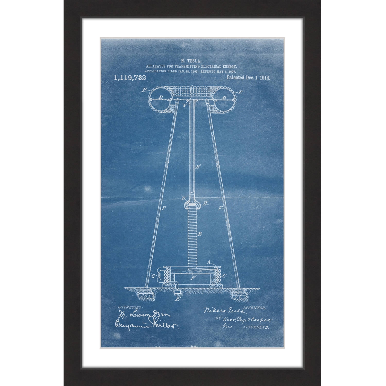 "Tesla Coil 1914 Blueprint" Framed Painting Art Print, 12" x 1.5"