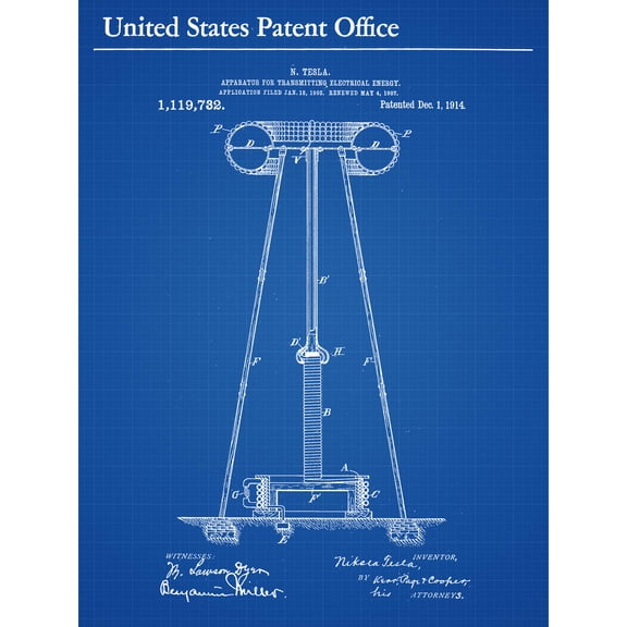 Tesla Electrical Energy Transmitter 1914 Vintage Patent Extra Large XL Wall Art Poster Print