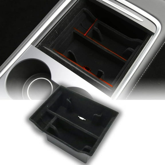 Tesla Model 3, Y Center Console Organizer Tray, Flocked Armrest Storage Box Hidden Cubby Drawer with Cable Hole