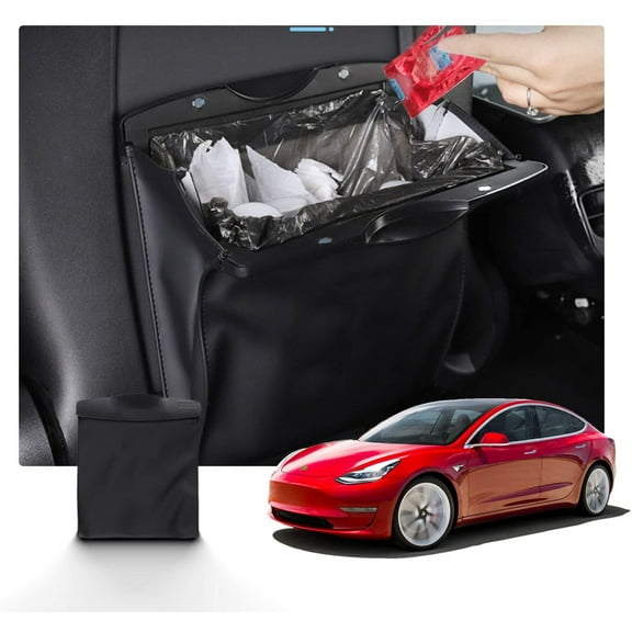 Tesla Model 3, Y Hanging Trash Can Or Storage Bin, Black Leather, Magnet Closure, Light