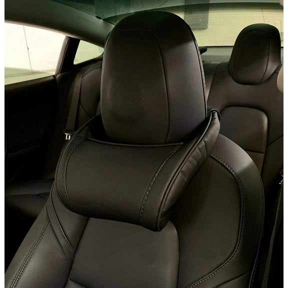Tesla Model S, 3, X, Y Headrest Neck Pillow, Adjustable, Black Leather
