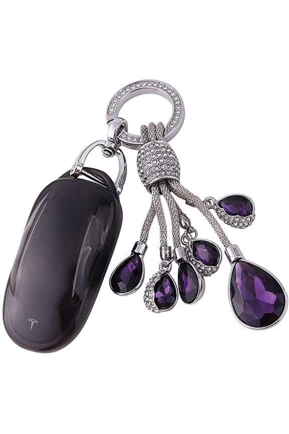 Tesla Model S, 3, Y, Soft TPU Key Fob Case Cover, Black, with Purple Crystal Diamond Key Ring