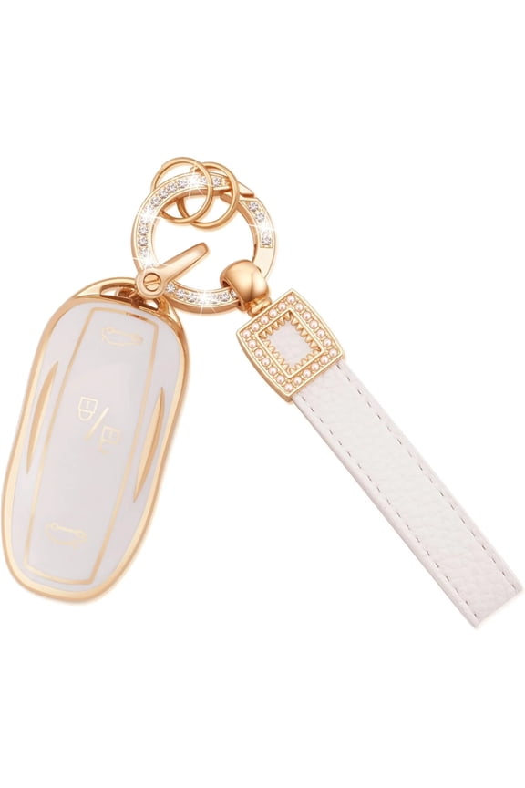 Tesla Model S, 3, Y, Soft TPU Key Fob Case Cover, White, with Gold Crystal Diamond Key Ring