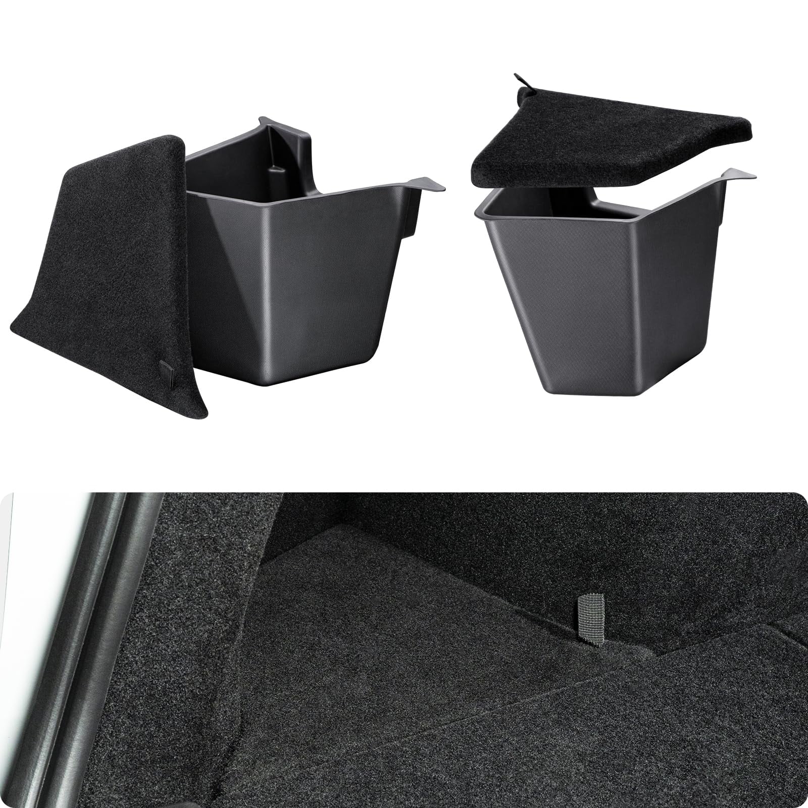 Tesla Model Y Trunk Storage Bins, (Proprietary Design) Trunk Organizer with Carpeted Lid, Rear Trunk Side Storage Box for 5-Seats Model Y Juniper Interior Accessories