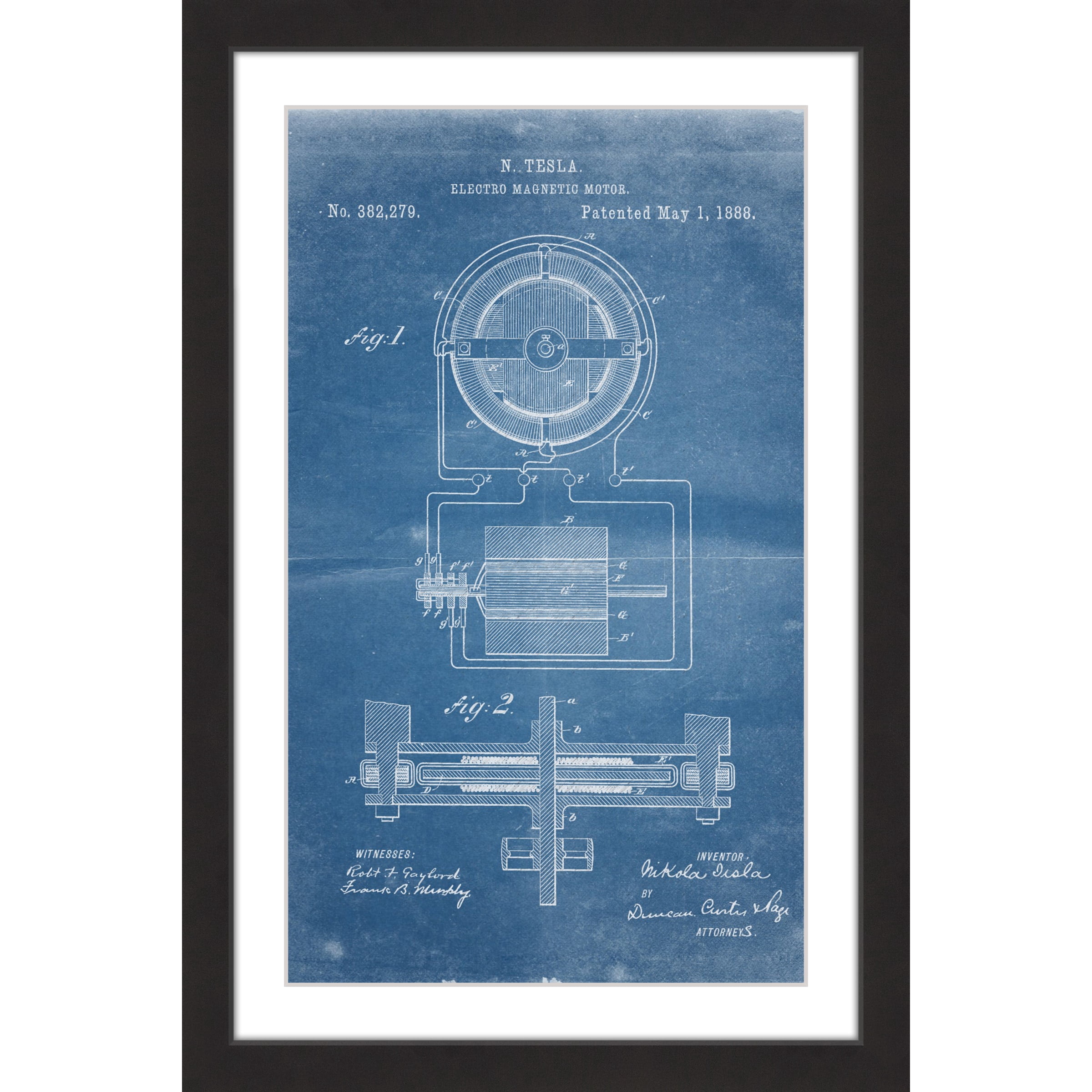 "Tesla Motor 1888 Blueprint" Framed Painting Print