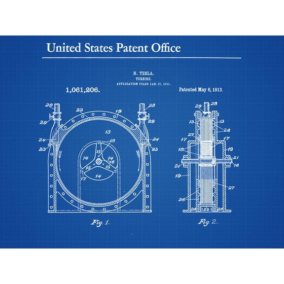 Tesla Turbine 1913 Vintage Patent Plan Extra Large XL Wall Art Poster Print