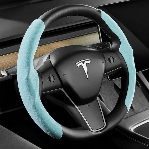 Tesla Y steering wheel cover model 3 suede ultra-thin sweat-absorbing special steering wheel cover, Light Blue