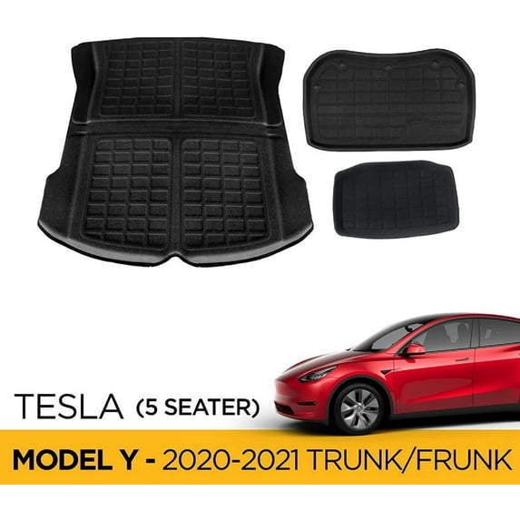TeslaShields Custom Fit Tesla Model Y 2020-2023 Frunk & Trunk Mat Accessories Set - All-Weather - Heavy Duty - 5 Seater Rubber Mat - Floor Liner Car Interior Accessories