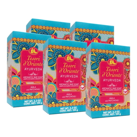 Tesori dOriente Ayurveda Bar Soap with Amla & Patchouli Scent, Gentle Cleanser for Men & Women, 5.3 OZ - 5 Pack