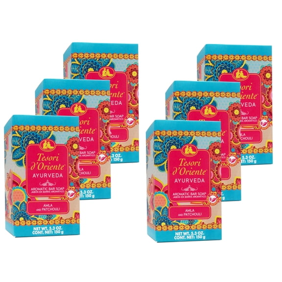 Tesori dOriente Ayurveda Bar Soap with Amla & Patchouli Scent, Gentle Cleanser for Men & Women, 5.3 OZ - 6 Pack