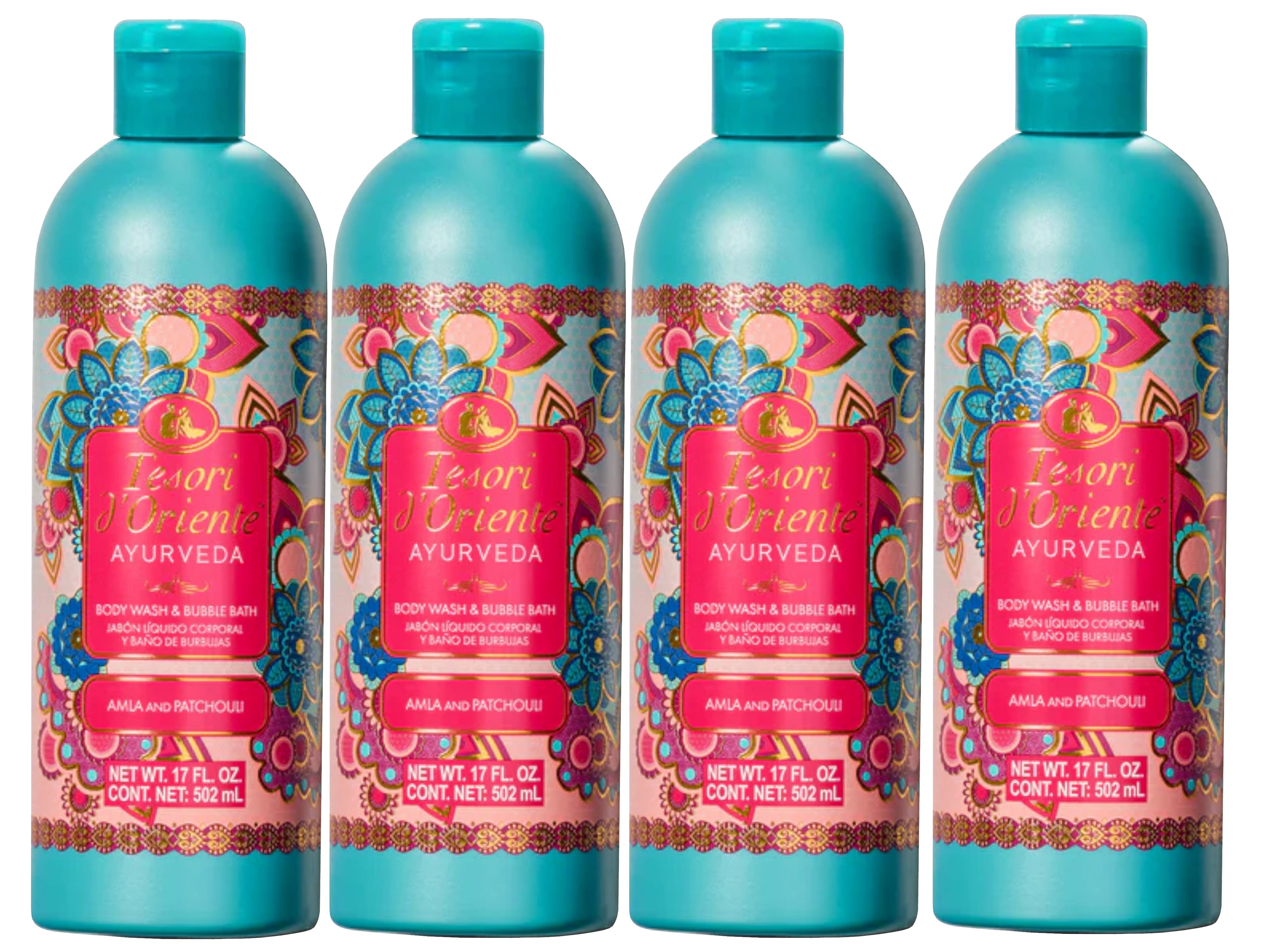 Tesori d'Oriente Ayurveda Body Wash & Bubble Bath, Alma and Patchouli Scent, 17 FL OZ - 4 Pack