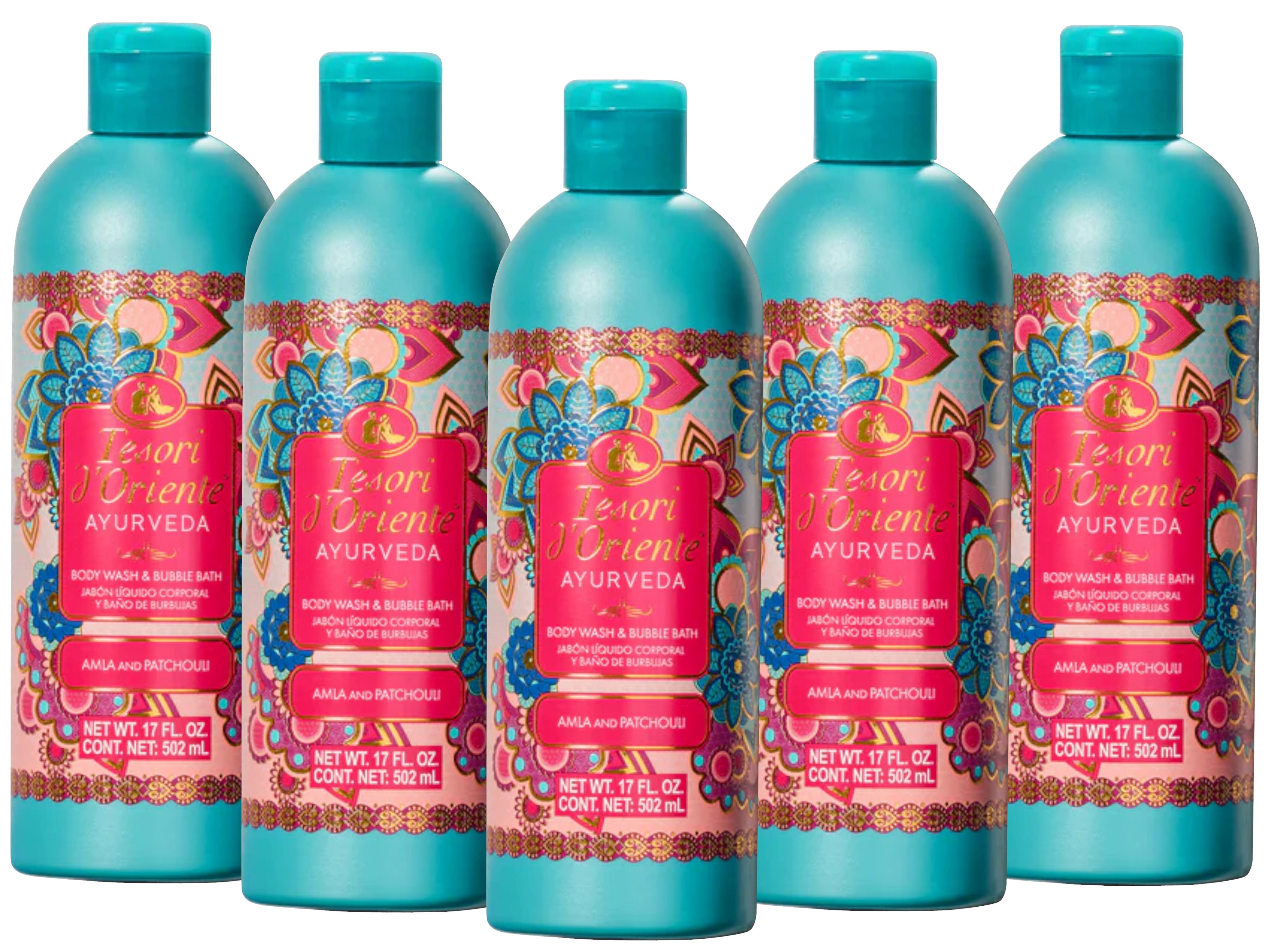 Tesori d'Oriente Ayurveda Body Wash & Bubble Bath, Alma and Patchouli Scent, 17 FL OZ - 5 Pack