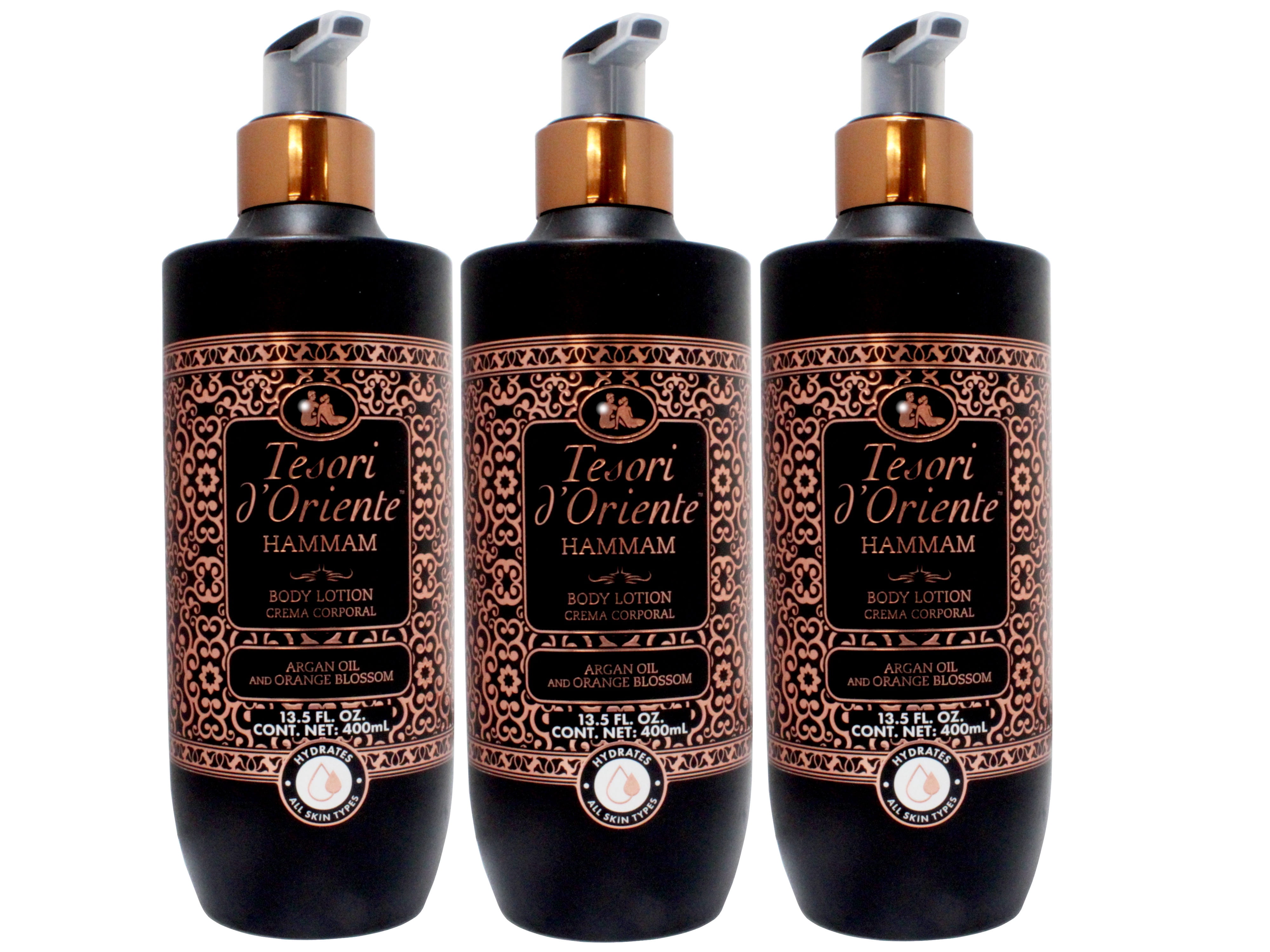 Tesori d’Oriente Hammam Body Lotion with Argan Oil and Orange Blossom, Fast-Absorbing Cream for All Skin Types, 13.5 FL OZ - 3 Pack