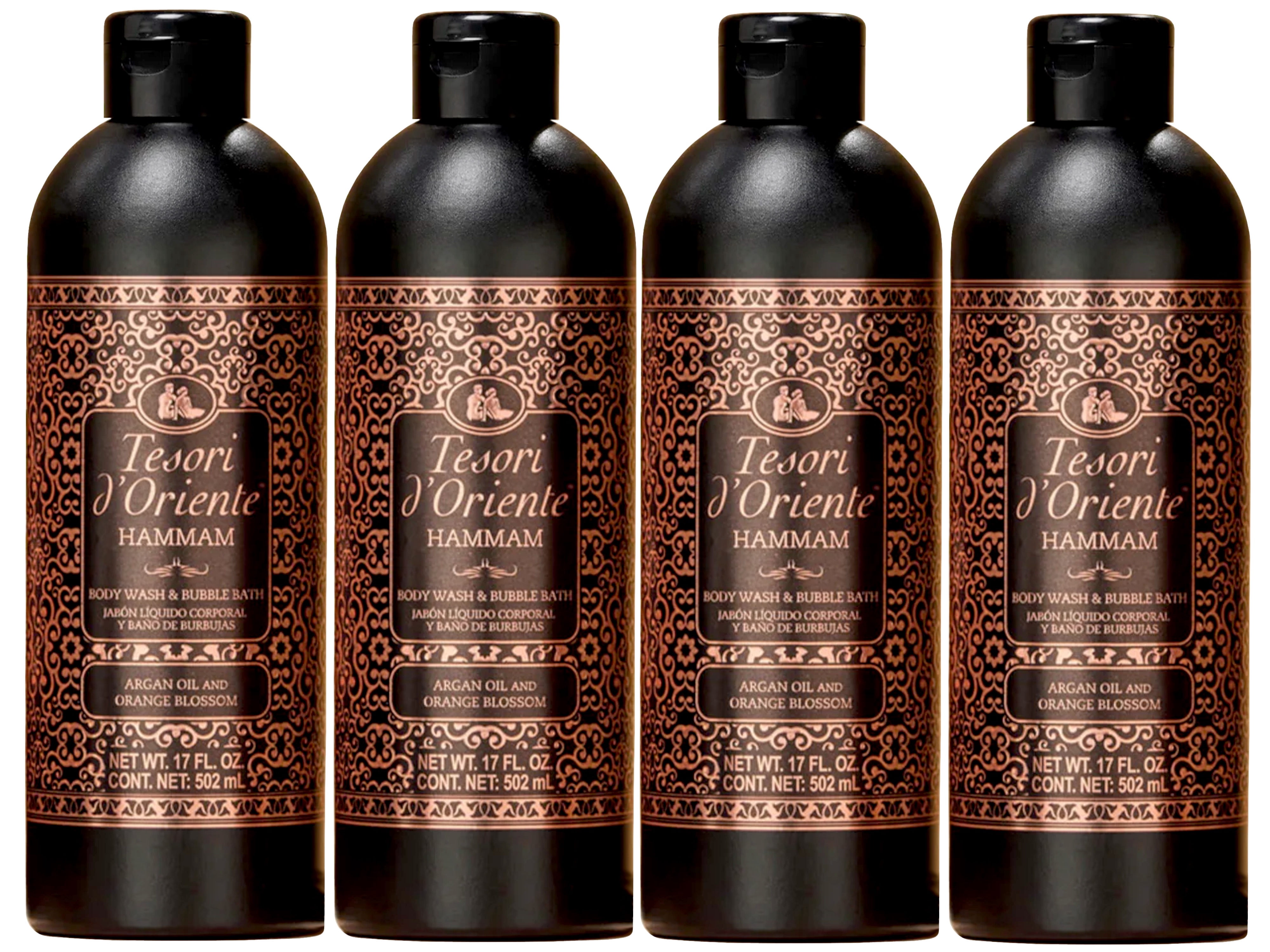 Tesori d'Oriente Hammam Body Wash & Bubble Bath, Argan & Orange Blossom Scent, 17 FL OZ - 4 Pack