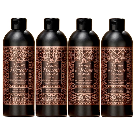 Tesori d'Oriente Hammam Body Wash & Bubble Bath, Argan & Orange Blossom Scent, 17 FL OZ - 4 Pack