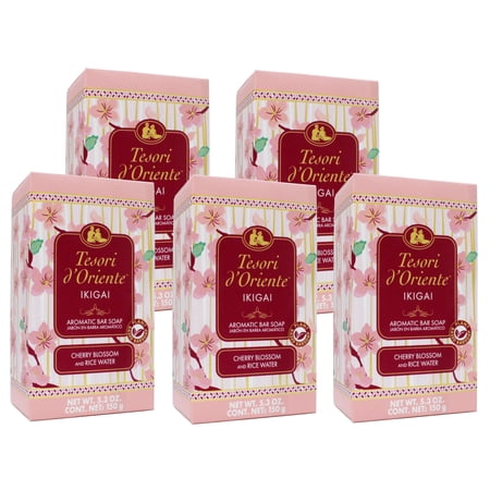 Tesori d'Oriente Ikigai Aromatic Bar Soap, Cherry Blossom & Rice Water Scent, 5.3 Ounce - 5 Pack