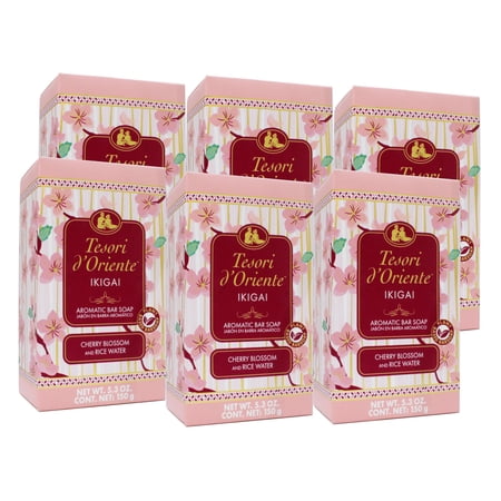 Tesori d'Oriente Ikigai Aromatic Bar Soap, Cherry Blossom & Rice Water Scent, 5.3 Ounce - 6 Pack