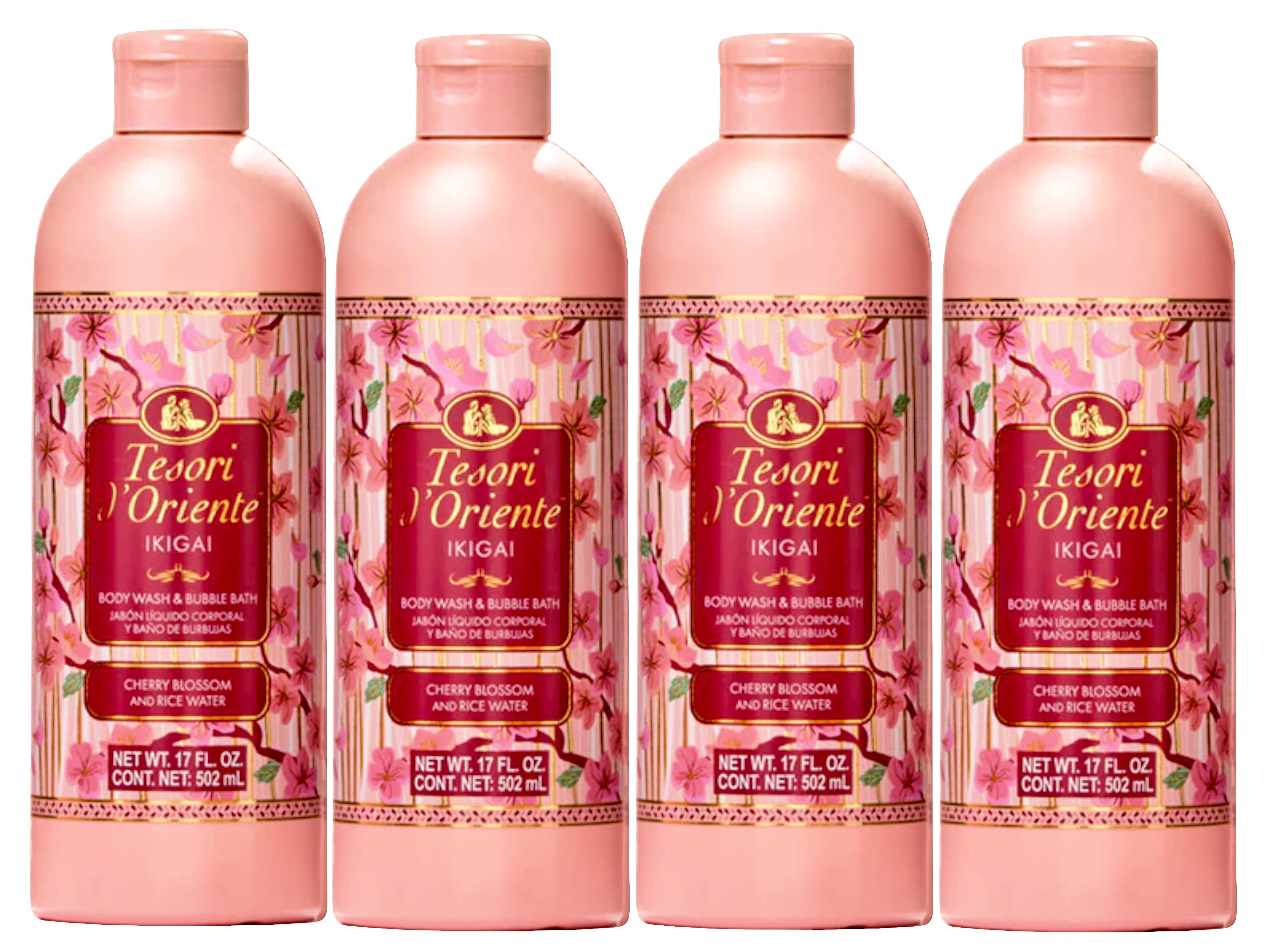 Tesori d'Oriente Ikigai Body Wash & Bubble Bath, Cherry Blossom & Rice Water Scent, 17 FL OZ - 4 Pack