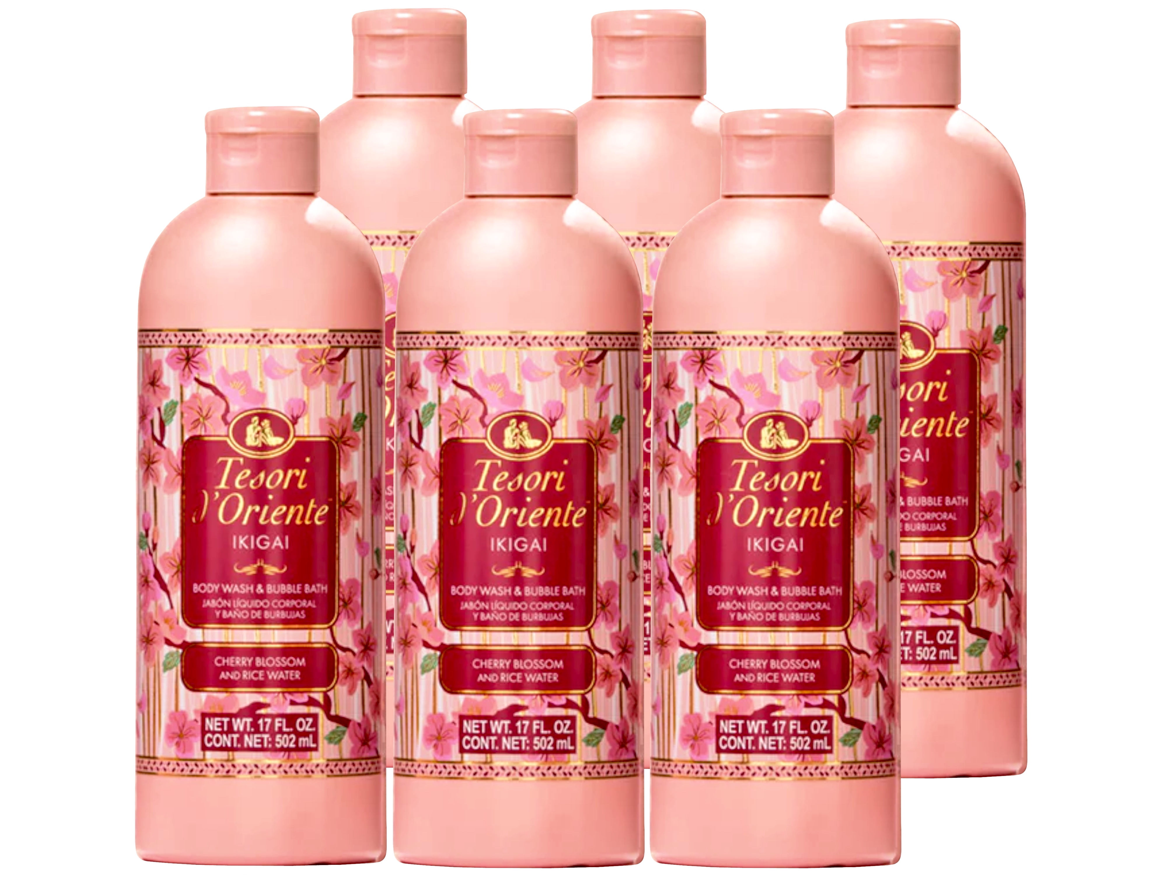 Tesori d'Oriente Ikigai Body Wash & Bubble Bath, Cherry Blossom & Rice Water Scent, 17 FL OZ - 6 Pack