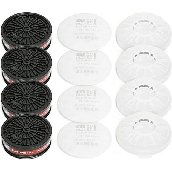 Tesoro Moda Replaceable Filter Cartridges Set - P-A-1 LDY3 Dual Respirator Filters - Fits Full Face Masks - 4 Carbon Filter Cartridges, 4 Cotton Filters, 4 Filter Covers
