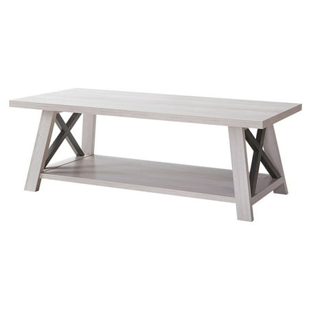 Tess 47 Inch Farmhouse Coffee Table, 1 Shelf, Wood, White Oak, Washed Grey - Saltoro Sherpi