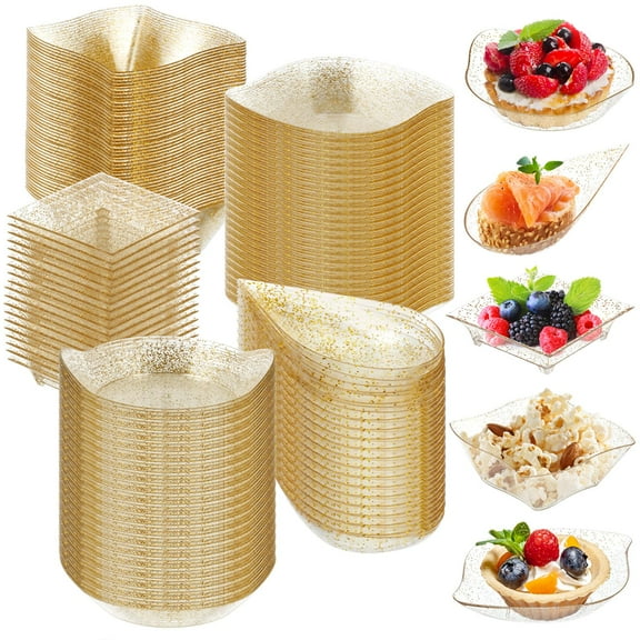 Tessco 100 Pcs Mini Dessert Plates AFN1Set, Disposable Appetizer Plates Assorted Shape Mini Plastic Spoons for Wedding Party Birthday(Gold)