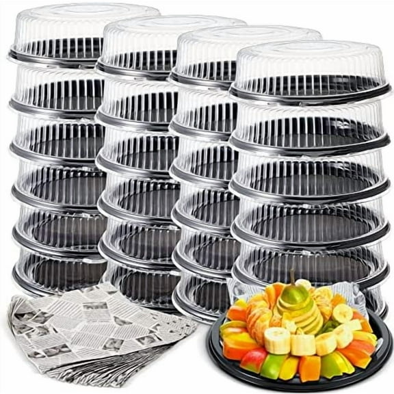Tessco 24 Pcs 12 Inch Catering Trays with Clear Lids and 48 Pcs Deli Wax Paper Sheets, Serving Trays Disposable Black Plastic Round Platters for Party Food Sandwich Veggie Cookie Dishes, Heavy Duty