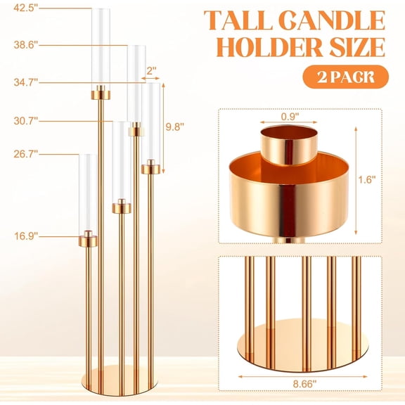 Tessco 5 Arm Candelabra Centerpieces for Tables 42.5'' Tall Floor Candle Holder Metal Candlestick Stand with Acrylic Lampshade for Wedding Holiday Birthday Christmas Party Decor(Gold,2 Set)