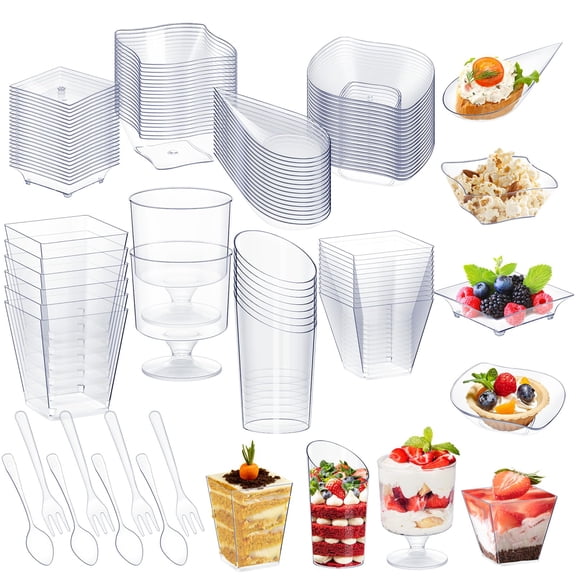 Tessco for you 160 Pcs Mini Appetizer Plates Dessert Cups Spoons Forks Set Dessert Containers Assorted Shape Plastic Parfait Cups Disposable Spoon Forks for Party Serving (Clear) Y102