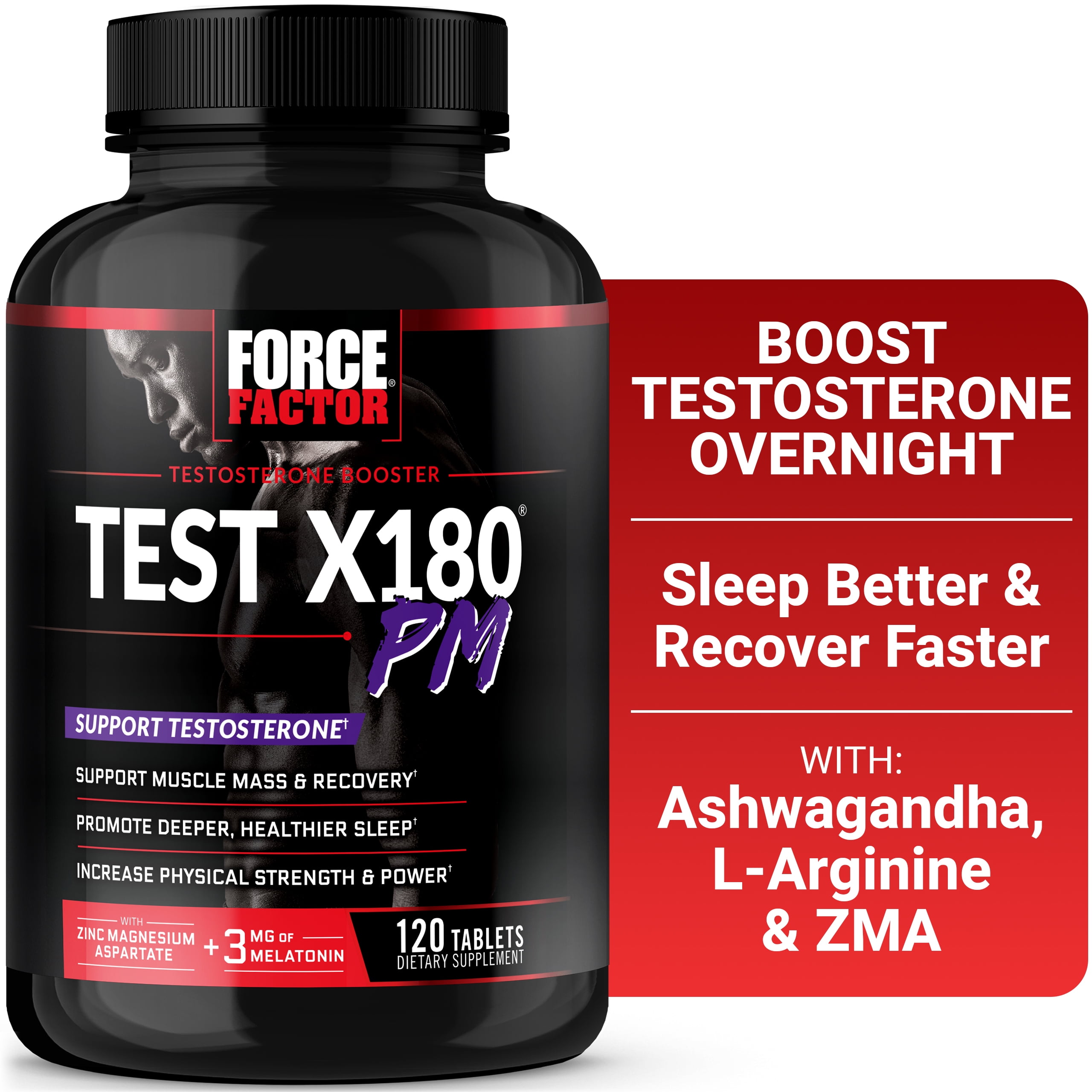 Force Factor Test X180 PM, Testosterone Booster with ZMA, Build Muscle, Strength & Power, Support Sleep & Recovery, 120 Tablets