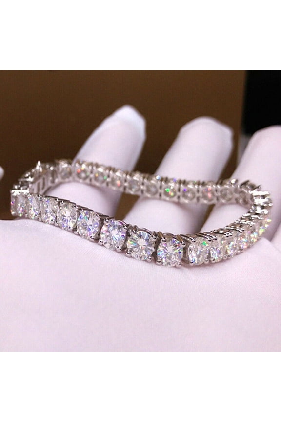 Tester Pass Real Moissanite 4MM Round Cut Tennis Bracelet 14K White Gold Plated 925 Sterling Silver 8 inch