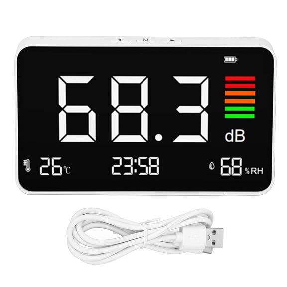 Tester Rechargeable Decibel Meter Desktop Digital Sound Levels Meter with Time Temperature and Humidity Display