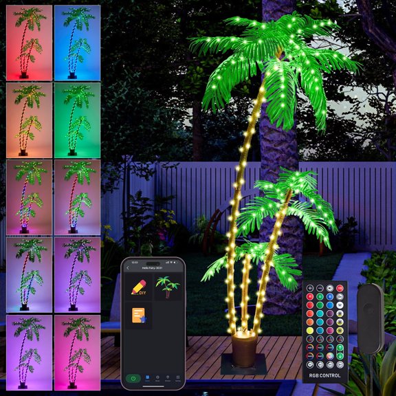 Fancilluma 6FT Lighted Palm Tree, LED RGB Color Changing Smart Artificial Palm Tree, DIY Light Show, App Remote Control, Light up Palm Tree for Patio Pool Beach Hawaiian Party Outdoor Indoor Decor