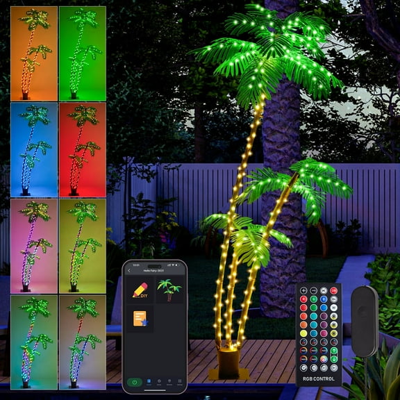 Fancilluma 7FT Lighted Palm Tree, LED RGB Color Changing Smart Artificial Palm Tree, DIY Light Show, App Remote Control, Light up Palm Tree for Patio Pool Beach Hawaiian Party Outdoor Indoor Decor