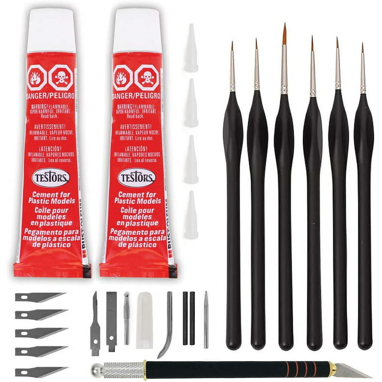 Testors Cement Plastic Model Glue Adhesive 2-Pack, 6 Fine Detail Miniatures  Paint Brushes, Precision Crafting Knife with Extra Blades and Tips