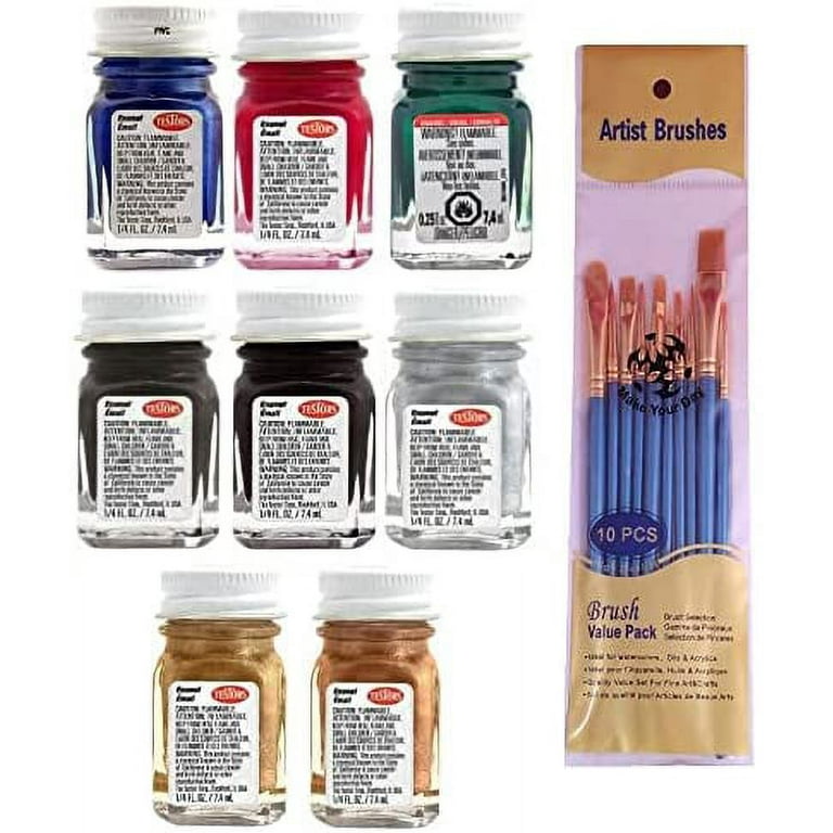 Testors Metallic Enamel Paint Variety, Artic Blue, Graphite Gray, Black,  Red, Copper, Silver, Gold, Metal Flake Green, and Thinner 1/4 oz (Pack of  9) - with Make Your Day Paintbrushes 