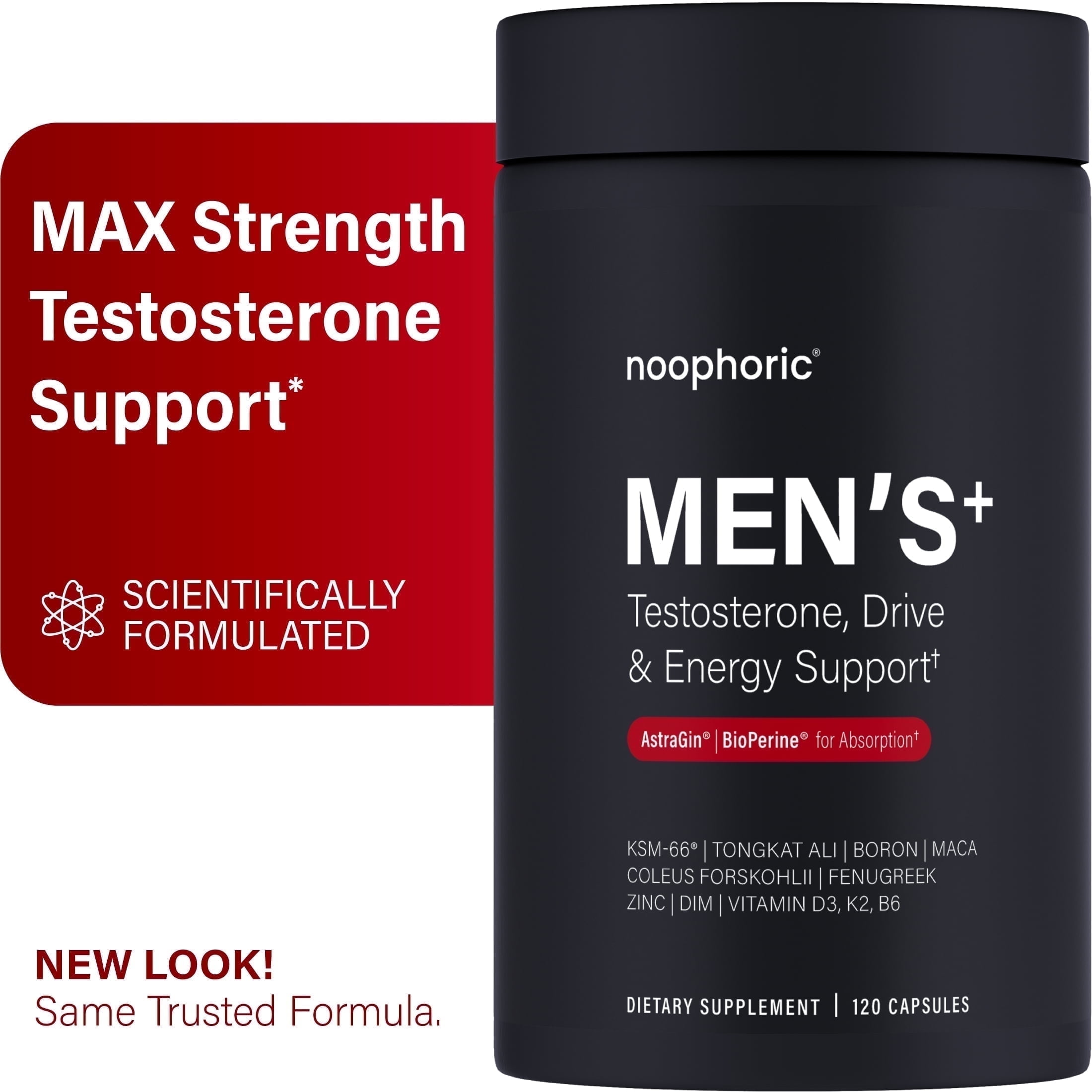 Noophoric Testosterone Booster for Men - Tongkat Ali, Ashwagandha, Boron Supplement, 120 Capsules