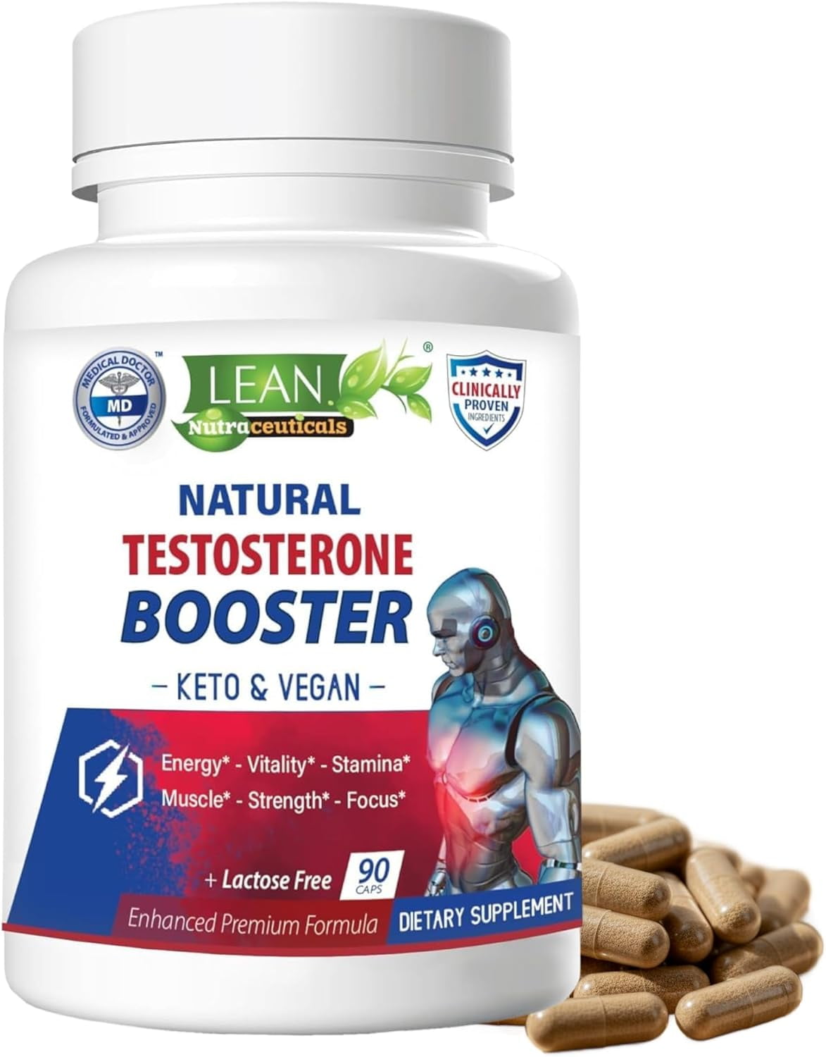 LEAN Nutraceuticals Testosterone Booster Pills for Men with Tongkat Ali, Tribulus, Maca Root, 90 Capsules
