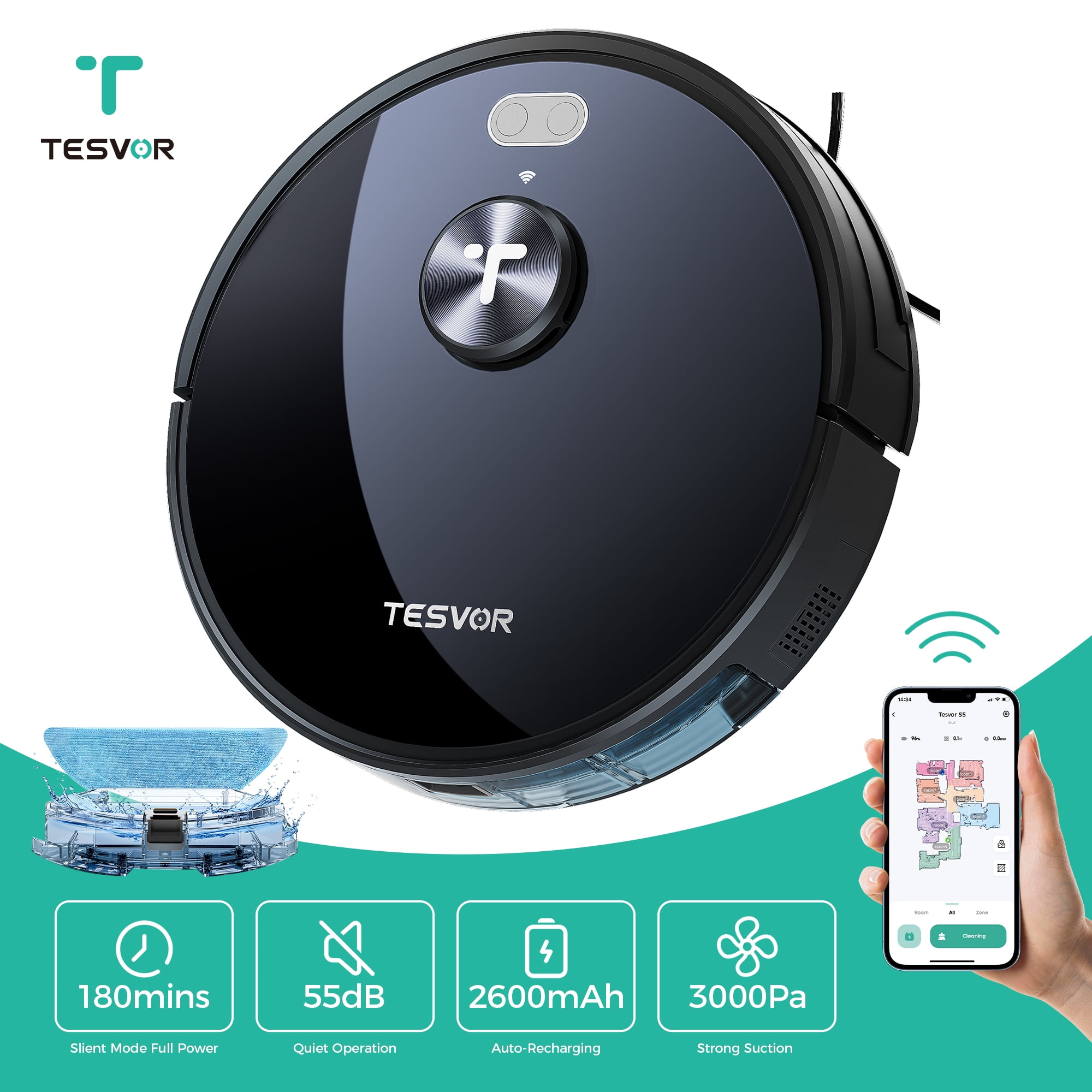 Tesvor S5 Robot Vacuum and Mop Combo,3000Pa Suction Smart Robot Vacuum