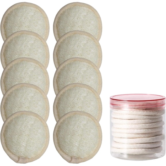 Tesyar 10 Pack 2.56 Inch Natural Loofah Facial Exfoliating Pads, Reusable Round Loofah Sponges for Face Cleansing & Makeup Removal