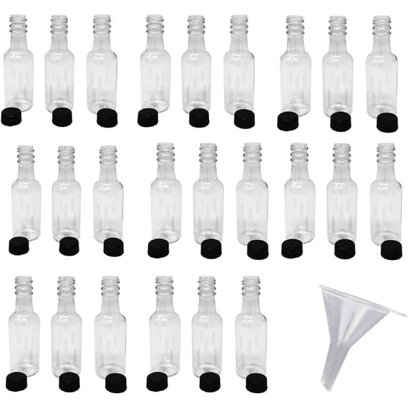 Tesyar 24Pcs 50ml Clear Mini Liquor Bottles with Black Lids, BPA-Free Empty Travel Liquid Containers with Bonus Funnel