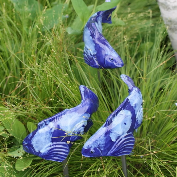 Tesyar 3 Pack Resin Koi Fish Garden Statues, Outdoor Yard Pond Decor Sculptures with Metal Stakes (Blue)