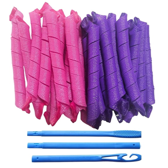 Tesyar 40Pcs 22 Inch Heatless Spiral Hair Curlers, Overnight No Heat Hair Rollers with Styling Hook for Medium & Long Hair (Pink+Purple)