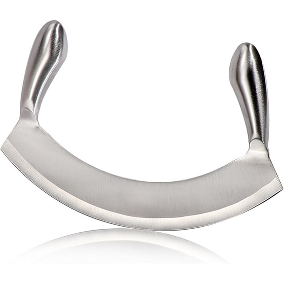 Tesyar 8.7 Inch Stainless Steel Mezzaluna Knife, Double Handle Curved Rocker Cutter for Salad Pizza Veggies Herbs