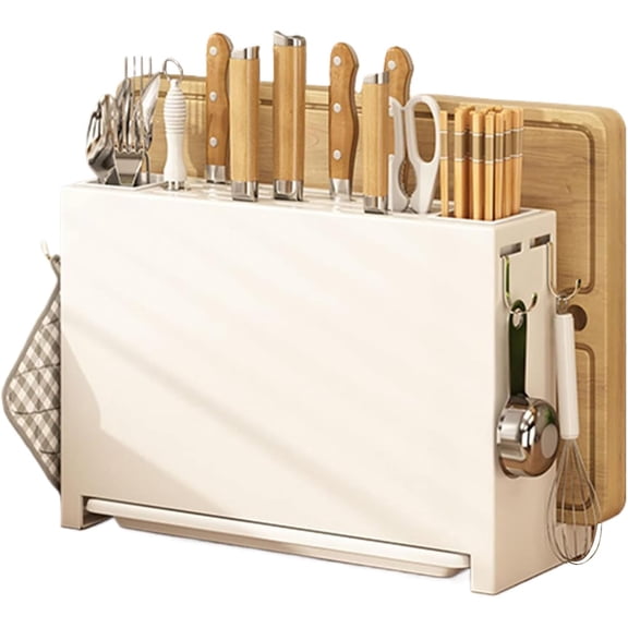 Tesyar Carbon Steel Kitchen Knife Holder, Countertop Utensil Organizer with Cutting Board Slot & Pull-Out Drip Tray