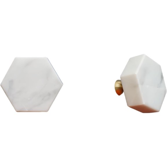 Tesyar Set of 2 Hexagon Natural Marble Drawer Knobs, Polished Brass Base Decorative Pulls for Kitchen Cabinet Wardrobe Doors(White)