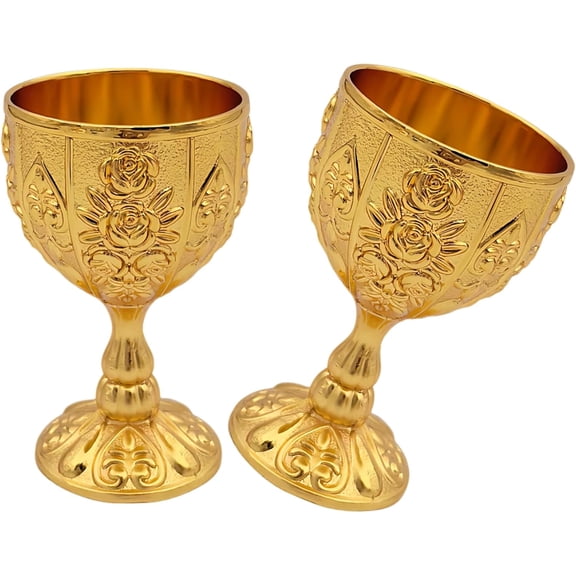 Tesyar Set of 2 Vintage Brass Alloy Goblets, 30ML Golden White Rose Carved Chalice Cups for Wedding Bar Medieval Decor (Golden)