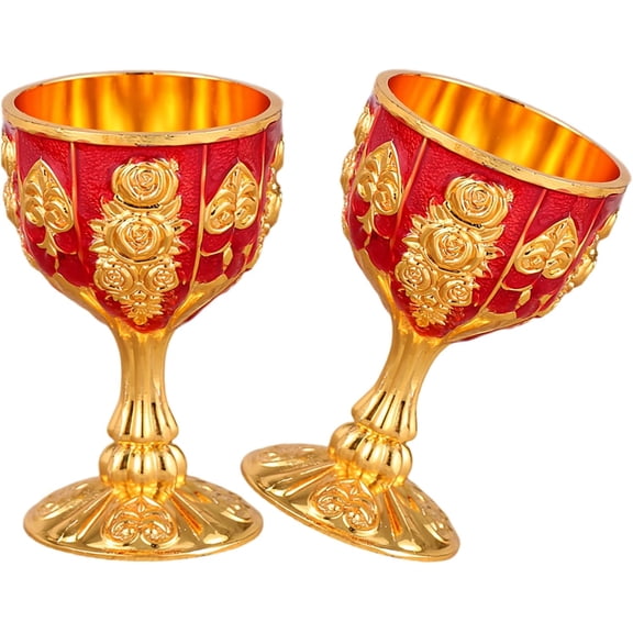 Tesyar Set of 2 Vintage Brass Alloy Goblets, 30ML Golden White Rose Carved Chalice Cups for Wedding Bar Medieval Decor (Red)
